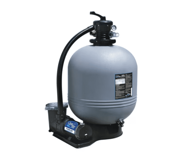 A PREMIUM POOL-Colombia 54"- 8" Resin Top Rail-SALT FRIENDLY sand filter system with a pressure gauge and control valve, featuring a gray tank and a pump on the left side.